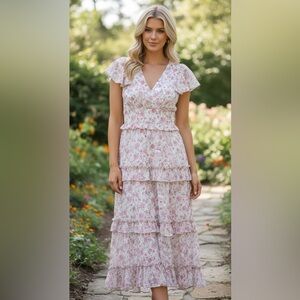 Altar'd State Pink Floral High-Low Ruffle Maxi Dress